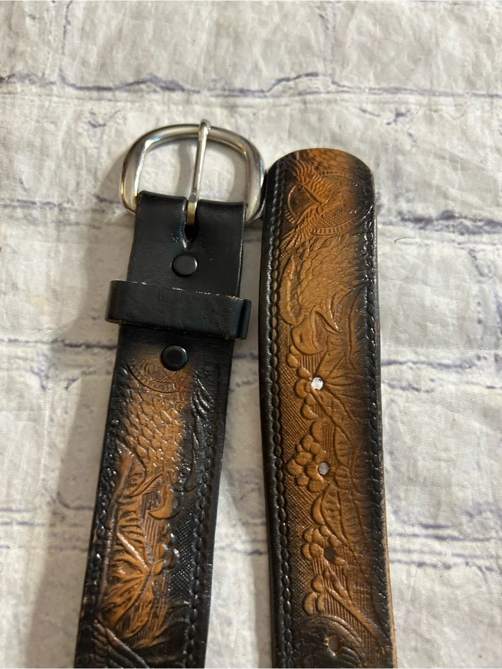 LOT OF (2) VINTAGE WESTERN LEATHER EMBOSSED MENS BROWN BIRDS & FLORAL BELTS